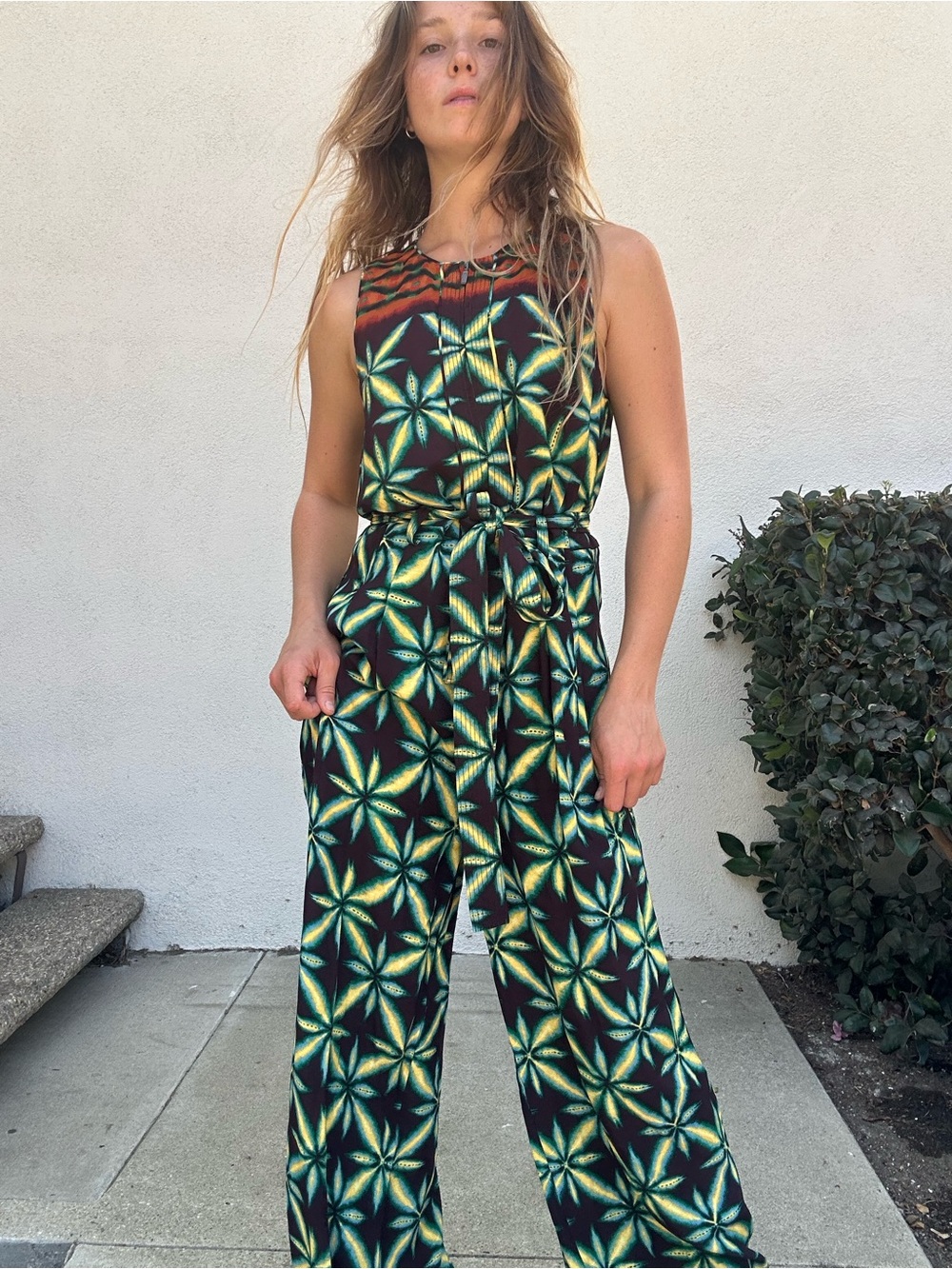 Ulla Johnson Black and Green Geometric Sleeveless Jumpsuit